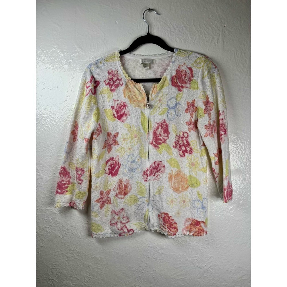 Vintage Christopher & Banks Floral Zip Up Cardigan Sweater Small Cottage Grandma